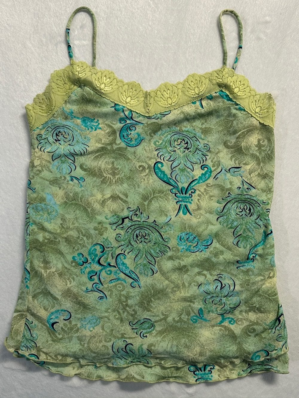 Y2K women's green blue mesh sheer lace trim tank, S.